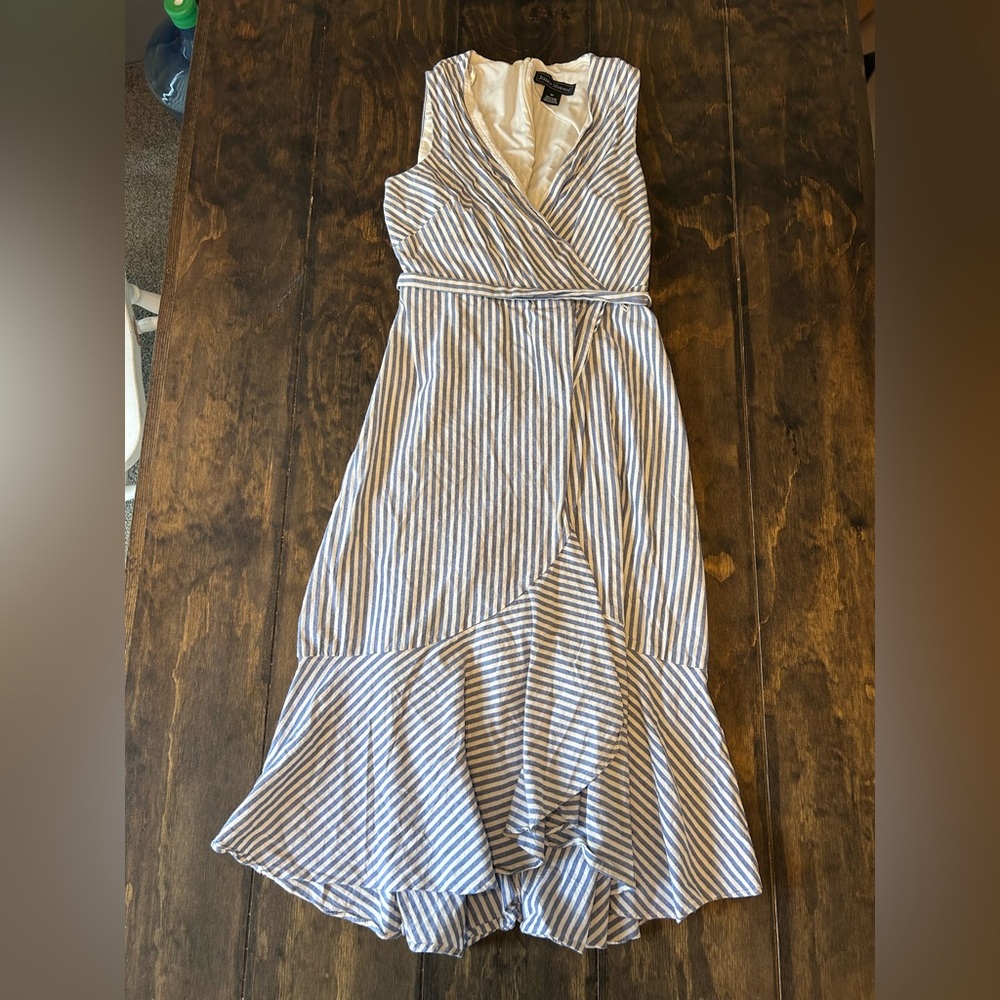 Jessica Howard Blue and White Striped High-Low Wrap Dress